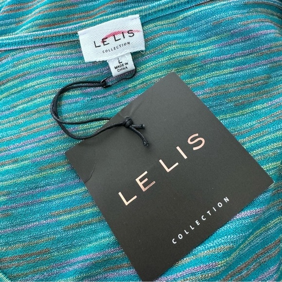 Le Lis Stripe Shimmer Bodysuit Large Blue V-Neck Blue Purple Green NEW - Picture 3 of 4